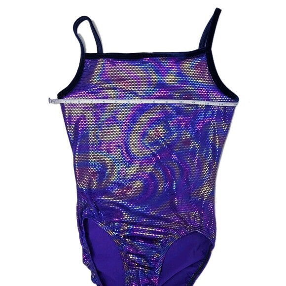 GK Elite VTG Purple Pixelated Swirl Camisole Leotard Velvet Trim Size AM Adult M - Picture 13 of 16